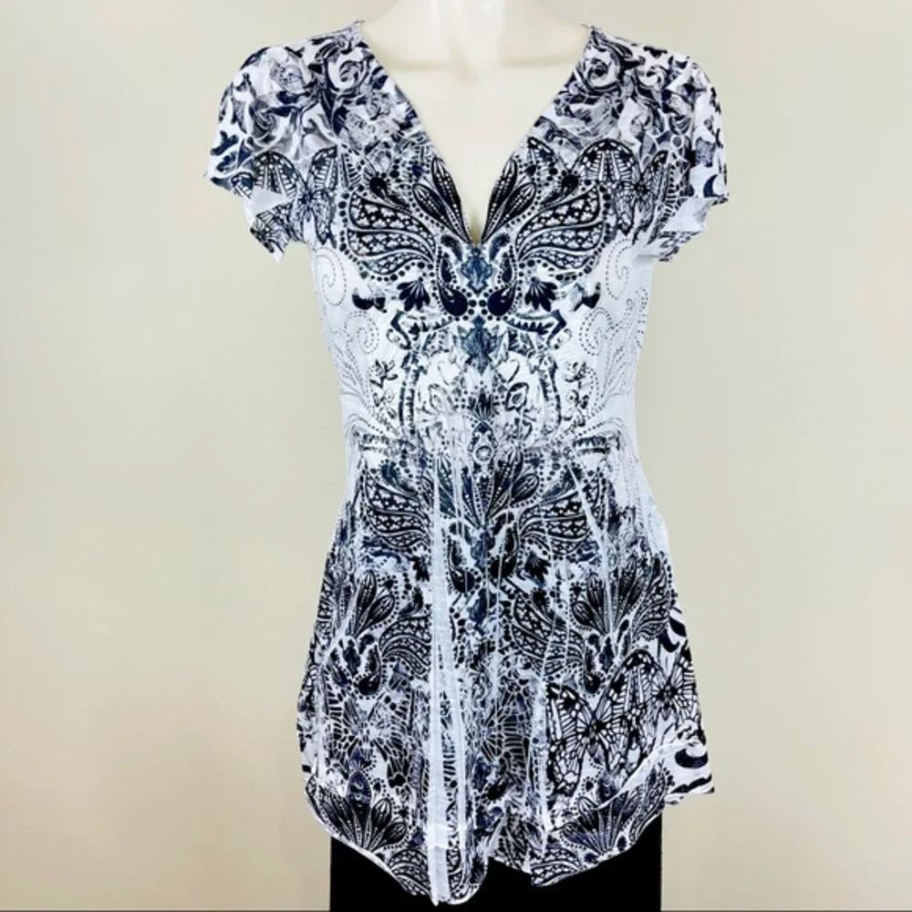 MODERN Striking APT 9 chic FLORAL patterned V NECK silky sheen LONGER IN LENTGH - Picture 1 of 12